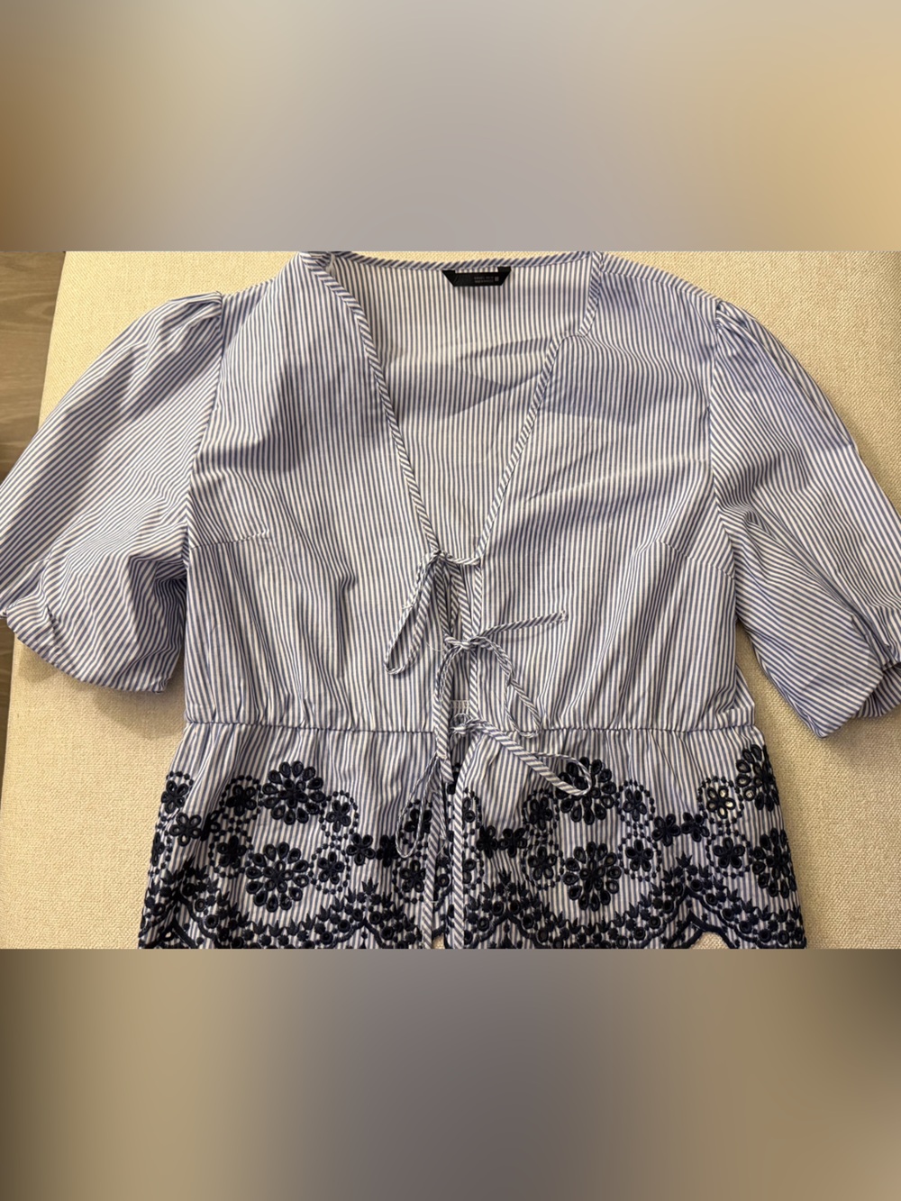 Zara Blue and White Striped Ruffled Sleeve Blouse